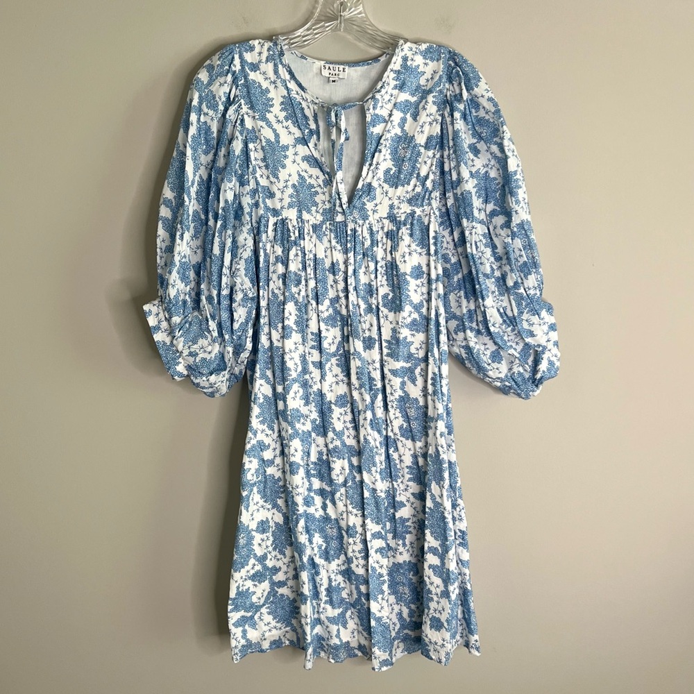SAULE PARC Blue and White Floral Printed Relaxed Fit Dress Women's Medium
